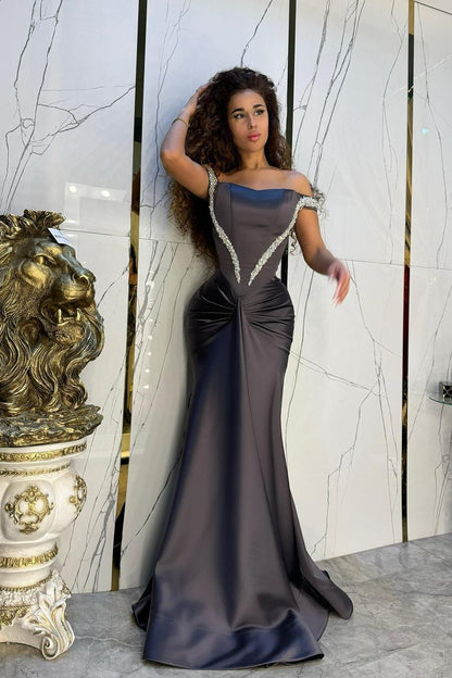 Charming Black Satin Off the Shoulder Strapless Mermaid Prom Dress with Beadings