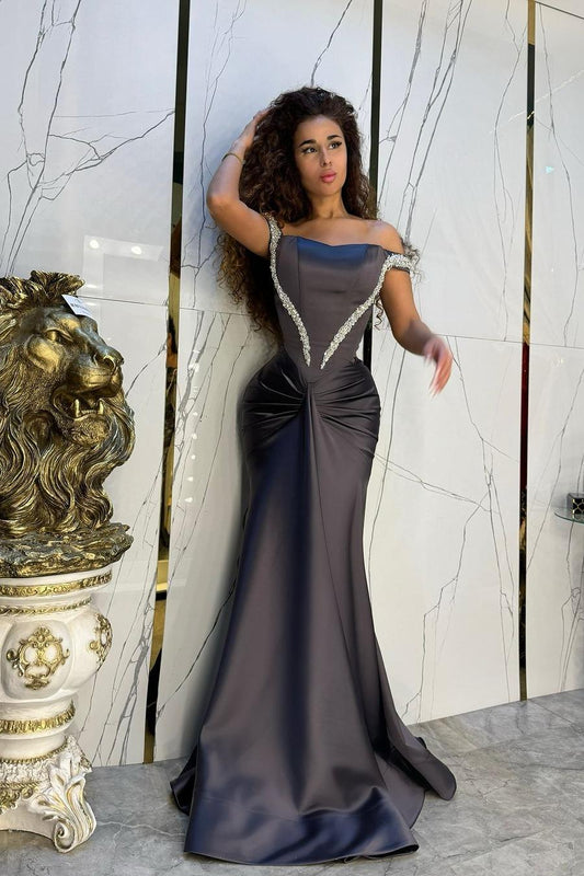 Charming Black Satin Off the Shoulder Strapless Mermaid Prom Dress with Beadings