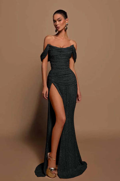 Glamorous Sequins Off the Shoulder Sleeveless Pleated Long Prom Dress with Split