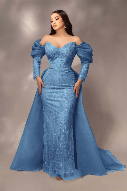 Glamorous Sequins Off the Shoulder Long Sleeves Mermaid Prom Dress with Pleated
