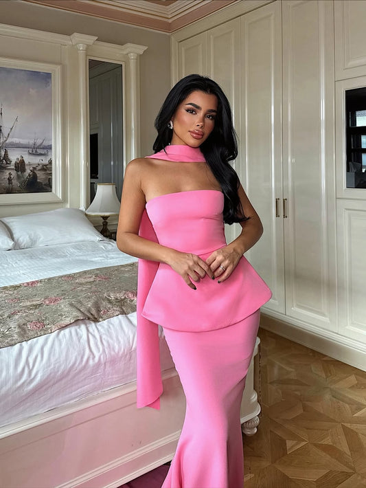 Sleeveless Square Strapless Mermaid Long Prom Dress With Scarf