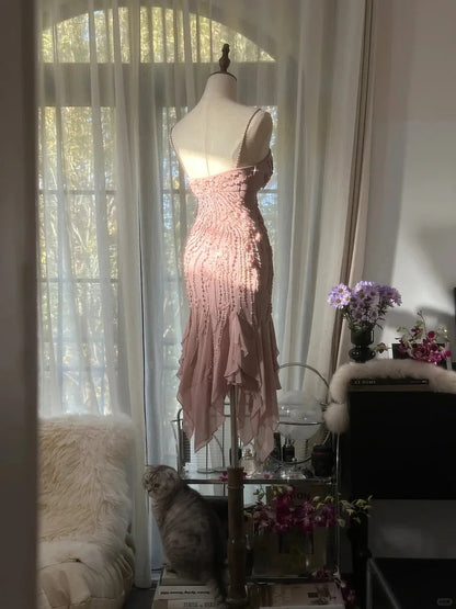 Cute Mermaid Spaghetti Strap Beaded Ruffle Pink Chiffon Short Homecoming Dress Birthday Dress SH2883