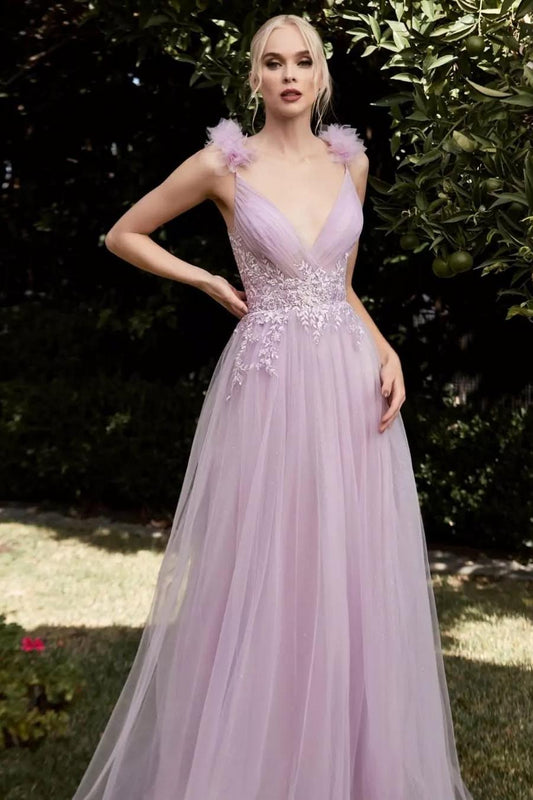 Elegant Lilac Tulle Spaghetti Strap Backless Applique Sleeveless Prom Dress