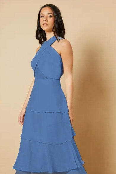 Sleeveless Halter Straps A Line Long Ruffles Prom Dress