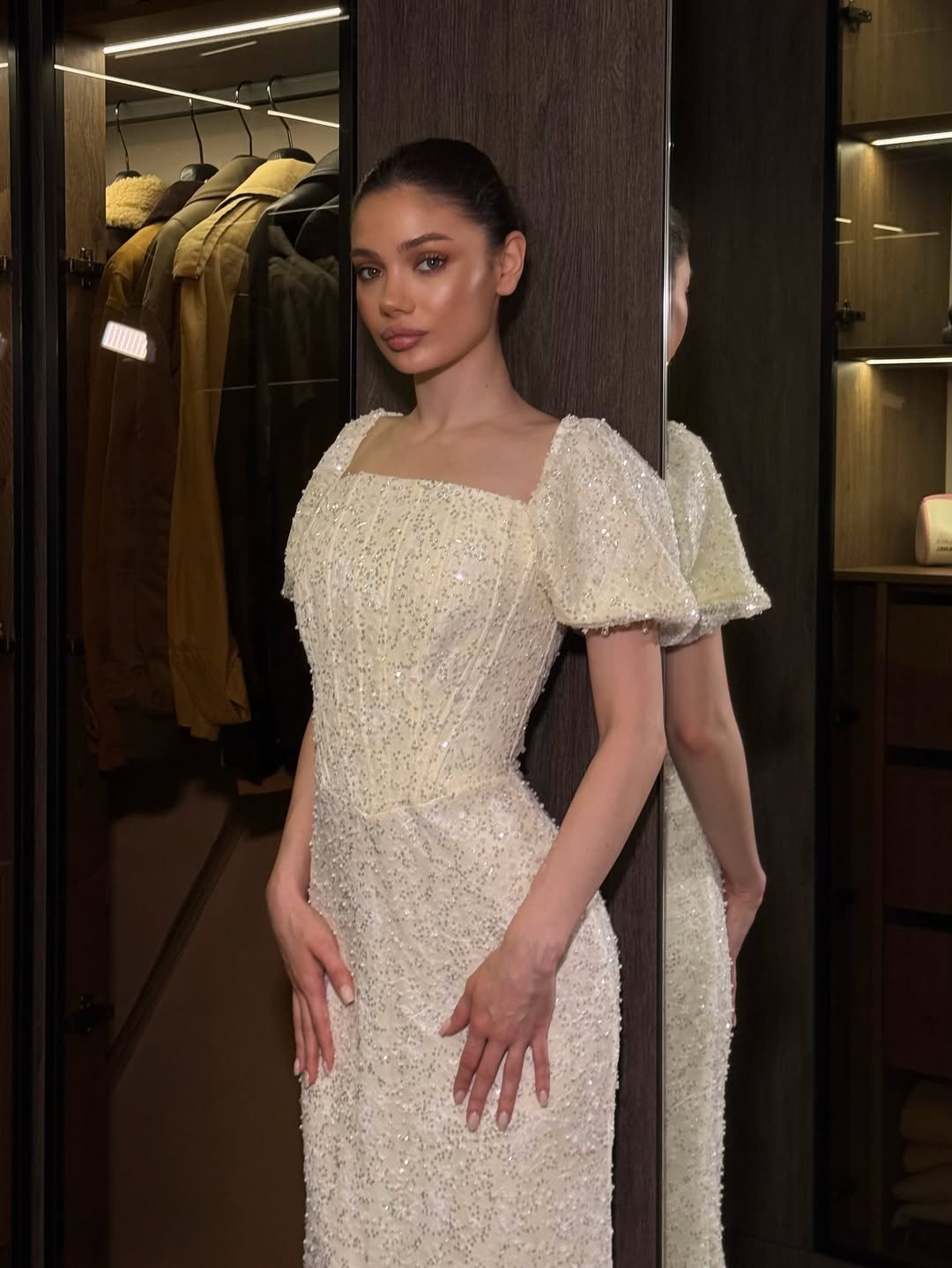 Stunning Puff Sleeve Square Pleated Sequins Beading Evening Dress