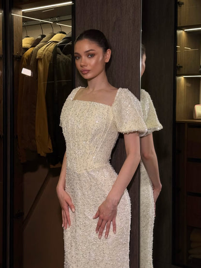 Stunning Puff Sleeve Square Pleated Sequins Beading Evening Dress
