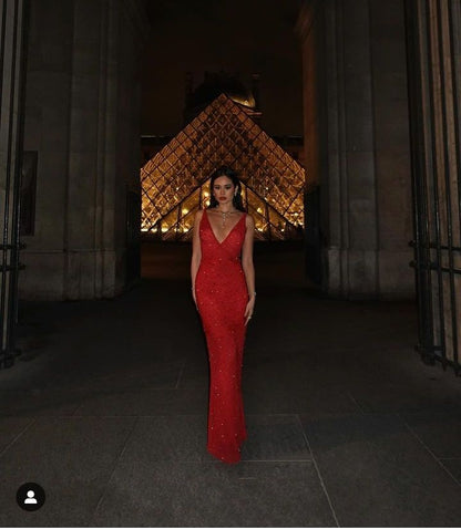 Sexy Red Sheath V Neck Beaded Tulle Long Prom Dress Party Dress SH4602