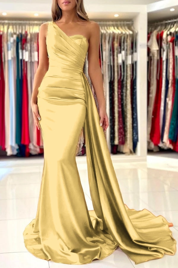 Burnt Orange Sleeveless Mermaid Prom Dress One-Shoulder With Ruffles