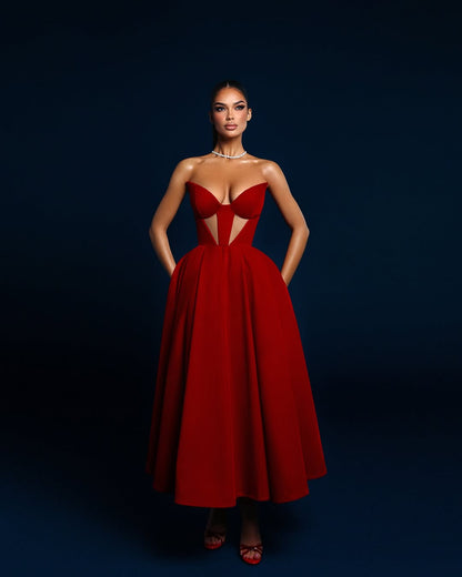 Red Simple Sleeveless Deep V-Neck Strapless A-Line Prom Dress