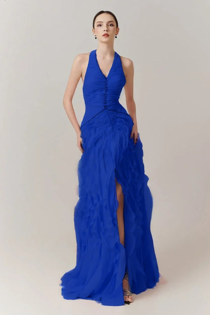 Blushing Pink Halter Strap Pleated V-Neck Split Evening Dress With Beads