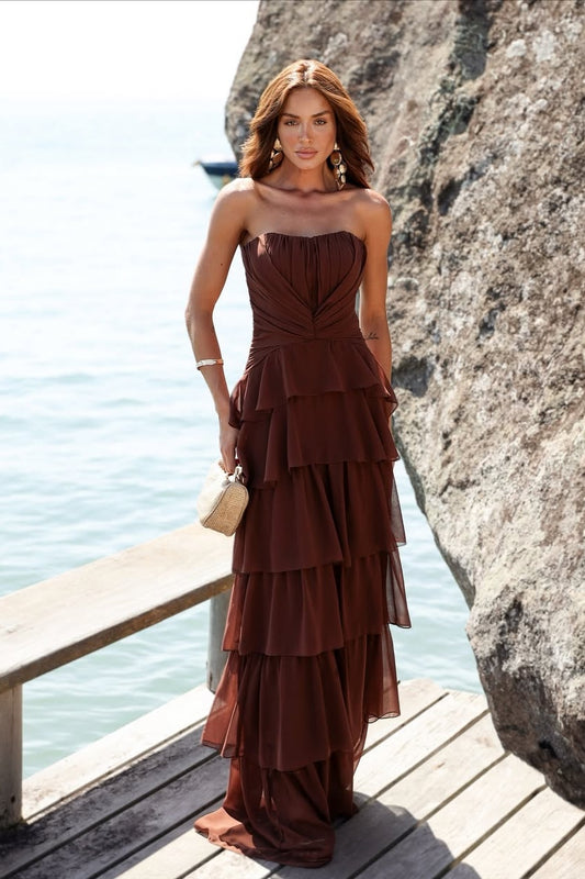 Elegant Sleeveless Tiered Chiffon Long Prom Dress in Chocolate Brown