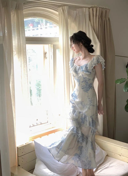 Gentle Mermaid Strap Print Flower Blue Chiffon Party Dress Evening Dress SH2869