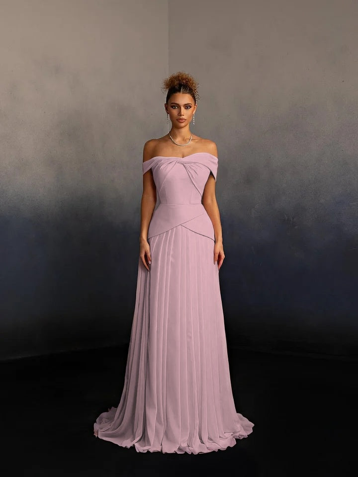 Glamorous Pink Off-The-Shoulder Pleated Long Evening Dress