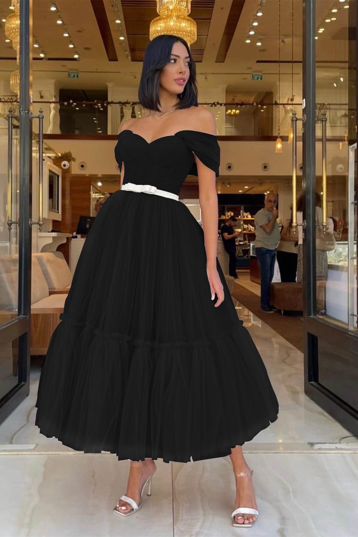Light Pink Off-The-Shoulder Tulle Prom Dress With Belts Sweetheart