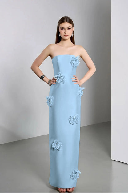 Elegant Ivory Strapless Evening Dress Column Floor Length in Satin with Flower