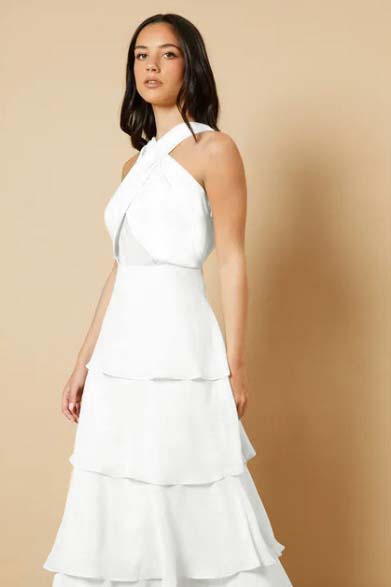 Sleeveless Halter Straps A Line Long Ruffles Prom Dress