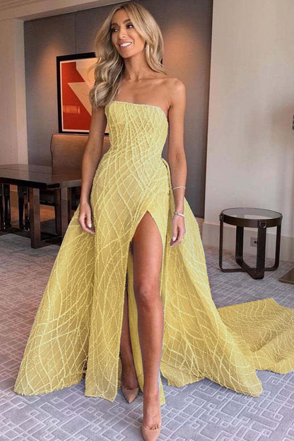 Stunning Light Blue Sleeveless Strapless Long Split Prom Dress with Embroidery