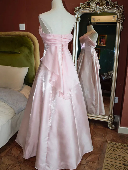 Vintage A Line Spaghetti Strap Light Pink Tulle Long Prom Dress Evening Dress SH2215