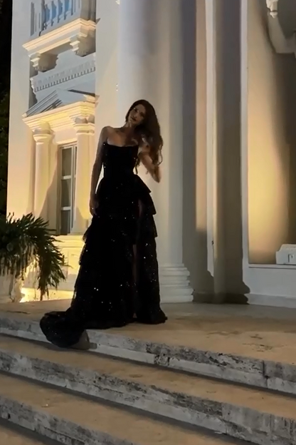 Stunning Black Sequins Sleeveless Strapless Split Long Prom Dress with Ruffles