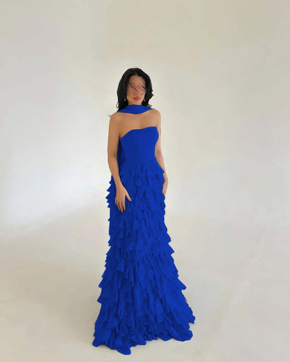 Classic Royal Blue Straight Across Sleeveless Pleated Evening Dress With Scarf