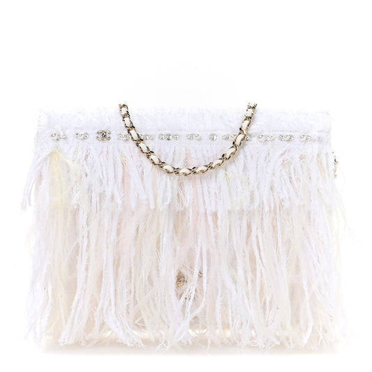 Tweed Embroidered Feathers Pearl Crystal Clutch White