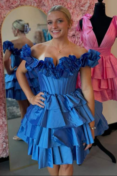 Blue Off-the-shoulder A-line Satin Appliques Mini Homecoming Dress