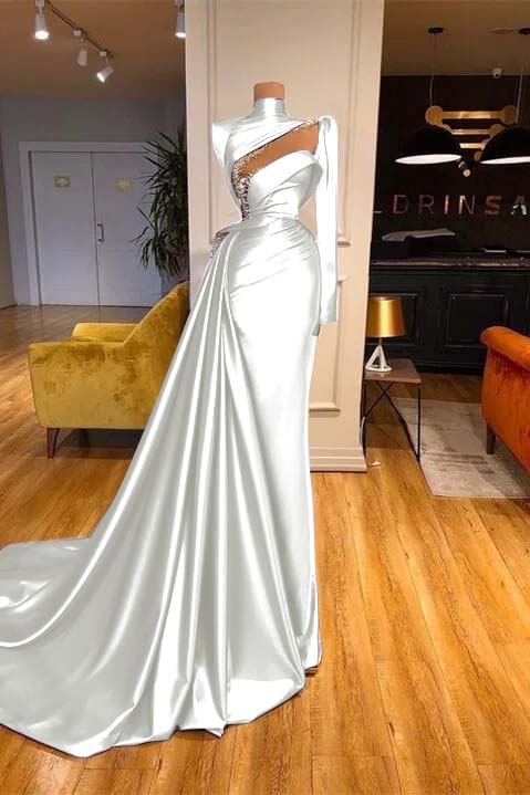 High Neck Long Sleeves Mermaid Prom Dress Beadings With Ruffles