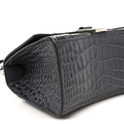 Shiny Calfskin Crocodile Embossed Small Hourglass Top Handle Bag Dark Grey