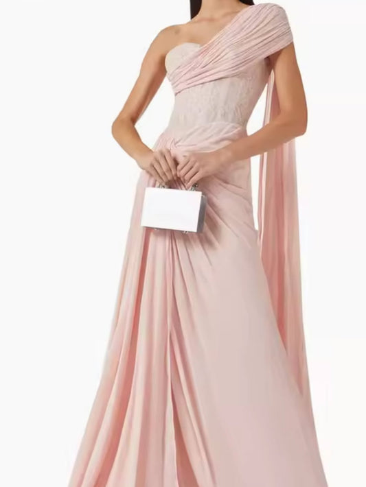 Pink Sleeveless One Shoulder Strapless Mermaid Prom Dress With Pleated