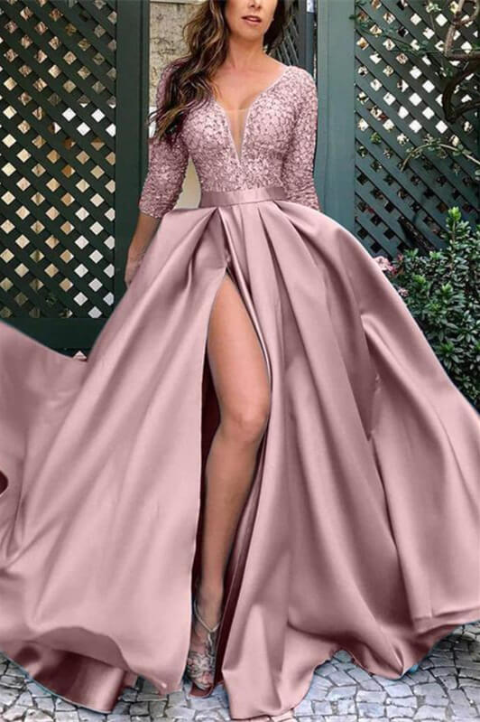 Elegant Deep V Neck 3/4 Sleeves Satin Prom Dress Long Split with Lace