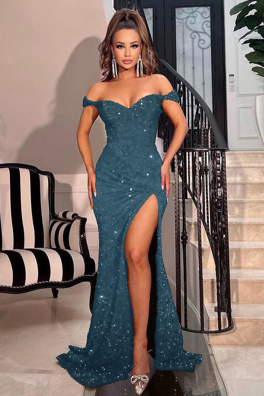 Off-The-Shoulder Sweetheart Red Sequins Mermaid Prom Dress With Split