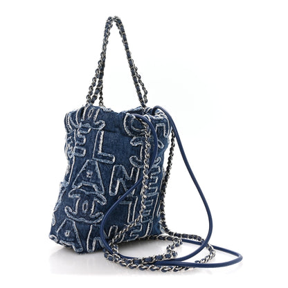 Washed Denim Logo Embroidered Mini Chanel 22 Blue