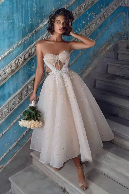 Strapless Glamorous Beading White Princess Long Prom Dress