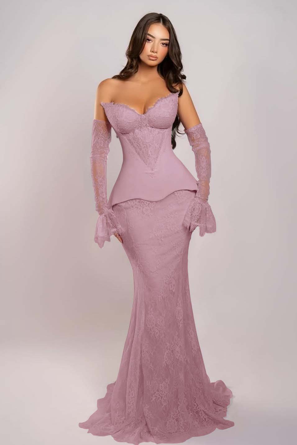 Elegant Pink Sleeveless V-Neck Strapless Lace Mermaid Prom Dress With Appliques