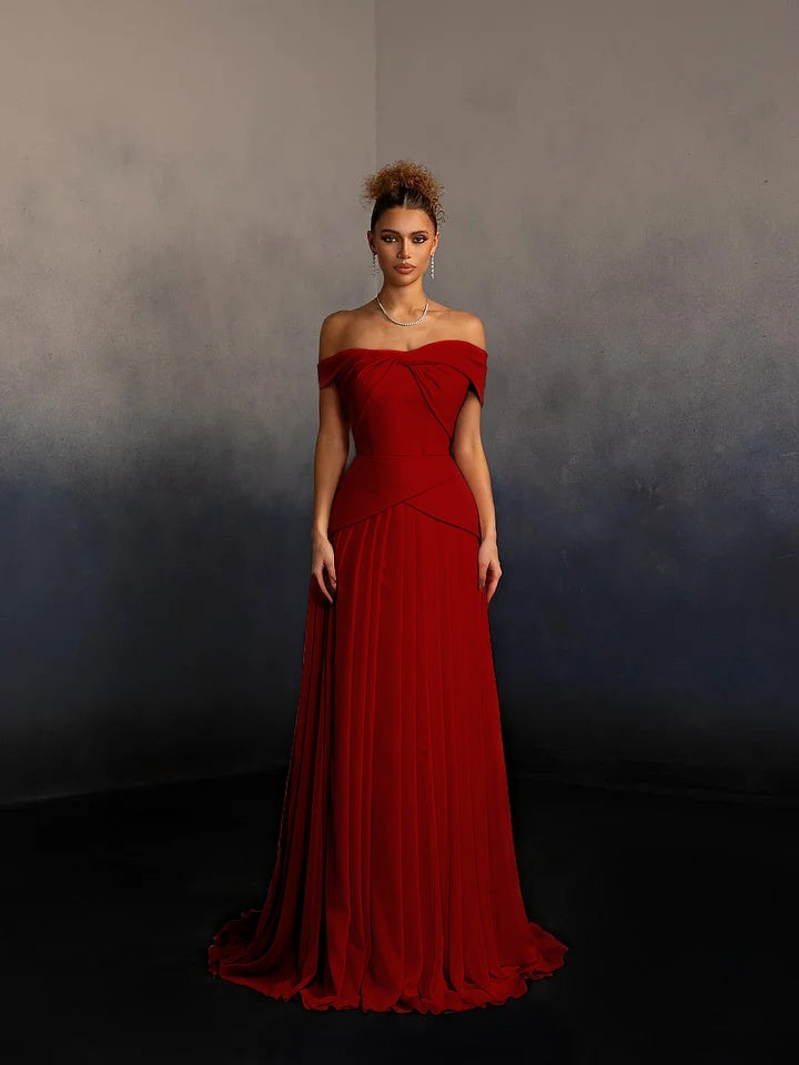Glamorous Pink Off-The-Shoulder Pleated Long Evening Dress