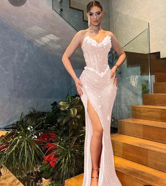 Sweetheart  Strapless Sleeveless Stuning Beaded Slit Prom Dress