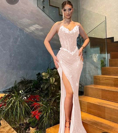 Sweetheart  Strapless Sleeveless Stuning Beaded Slit Prom Dress
