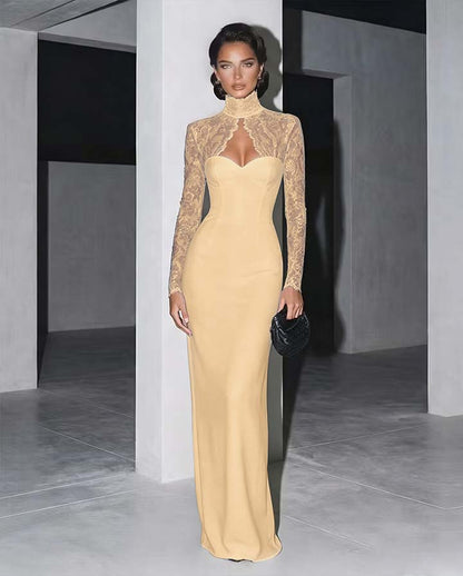 Classic Black High Neck Lace Long Sleeves Maxi Evening Dress