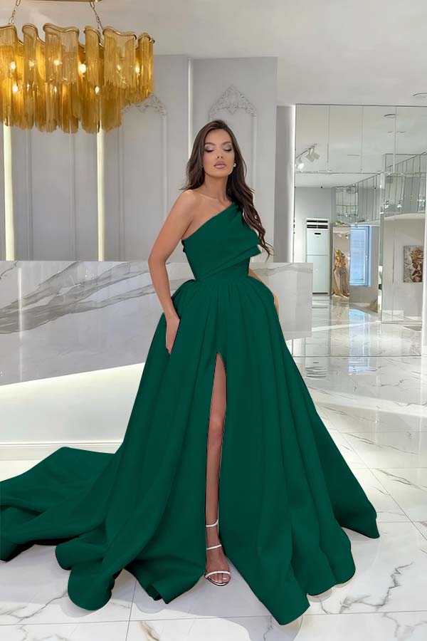 Black Satin Sleeveless One Shoulder Strap Long Prom Dress With Slit