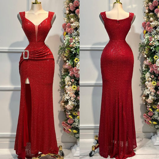 Red Long Tulle Split Prom Dress Mermaid with Sequins