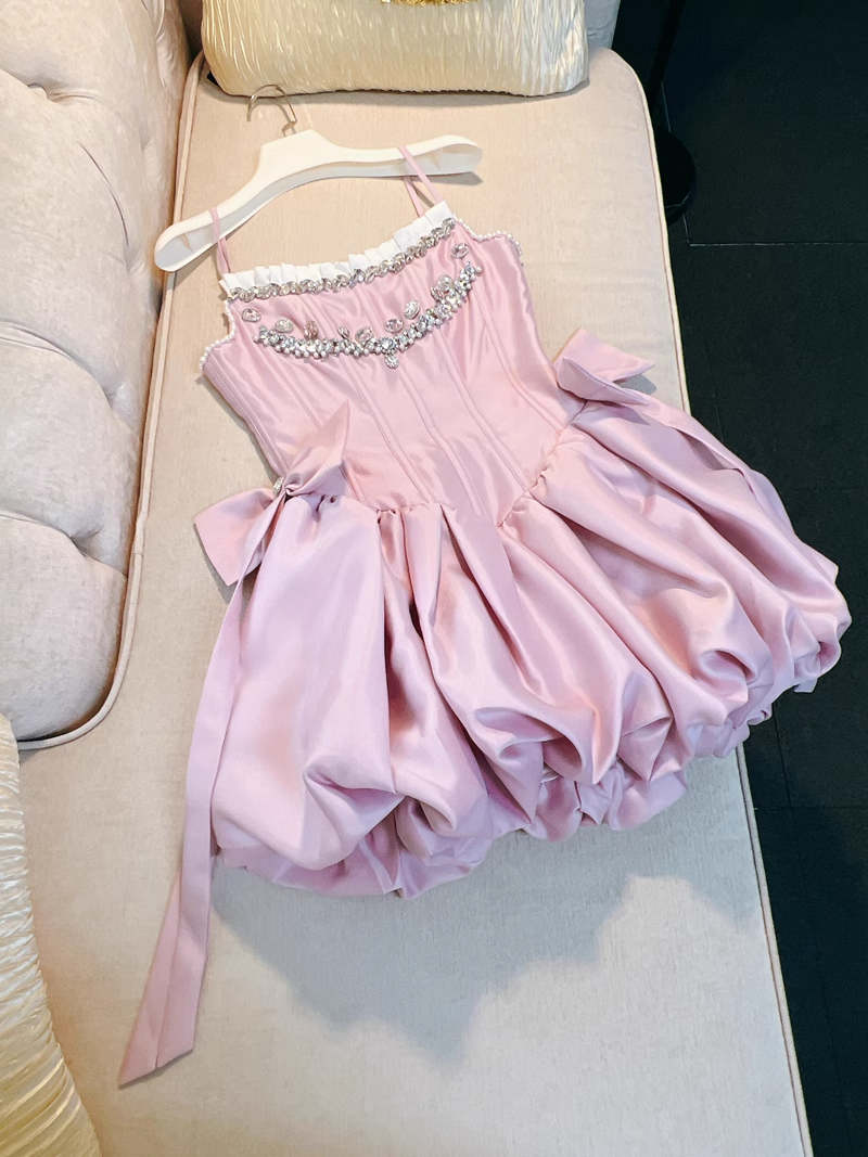 Chic Pink Spaghetti Strap Beading A-line V-neck Party Dresses Homecoming Dresses, D1339