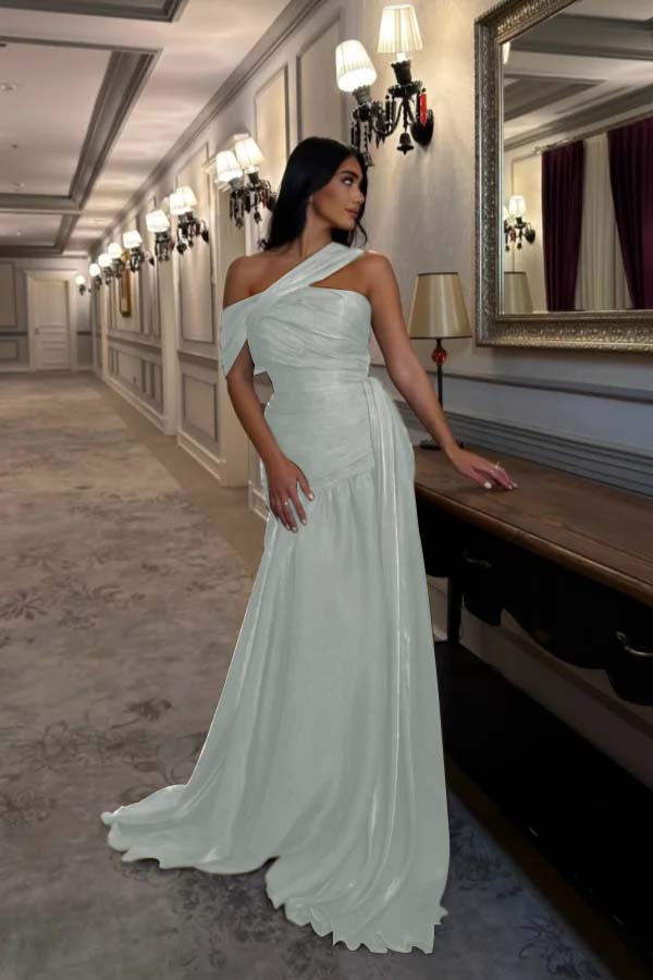 Sleeveless Square One Shoulder Prom Dress With Pleated