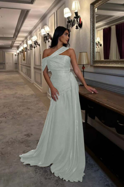 Sleeveless Square One Shoulder Prom Dress With Pleated
