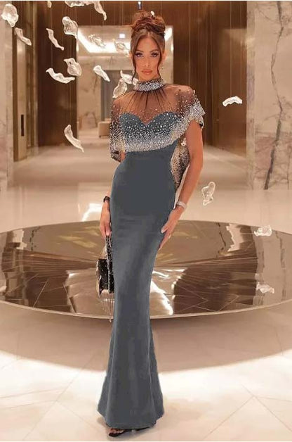 Shinning Black Satin Sweetheart Beaded Sleeveless Mermaid Prom Dress with Shawl