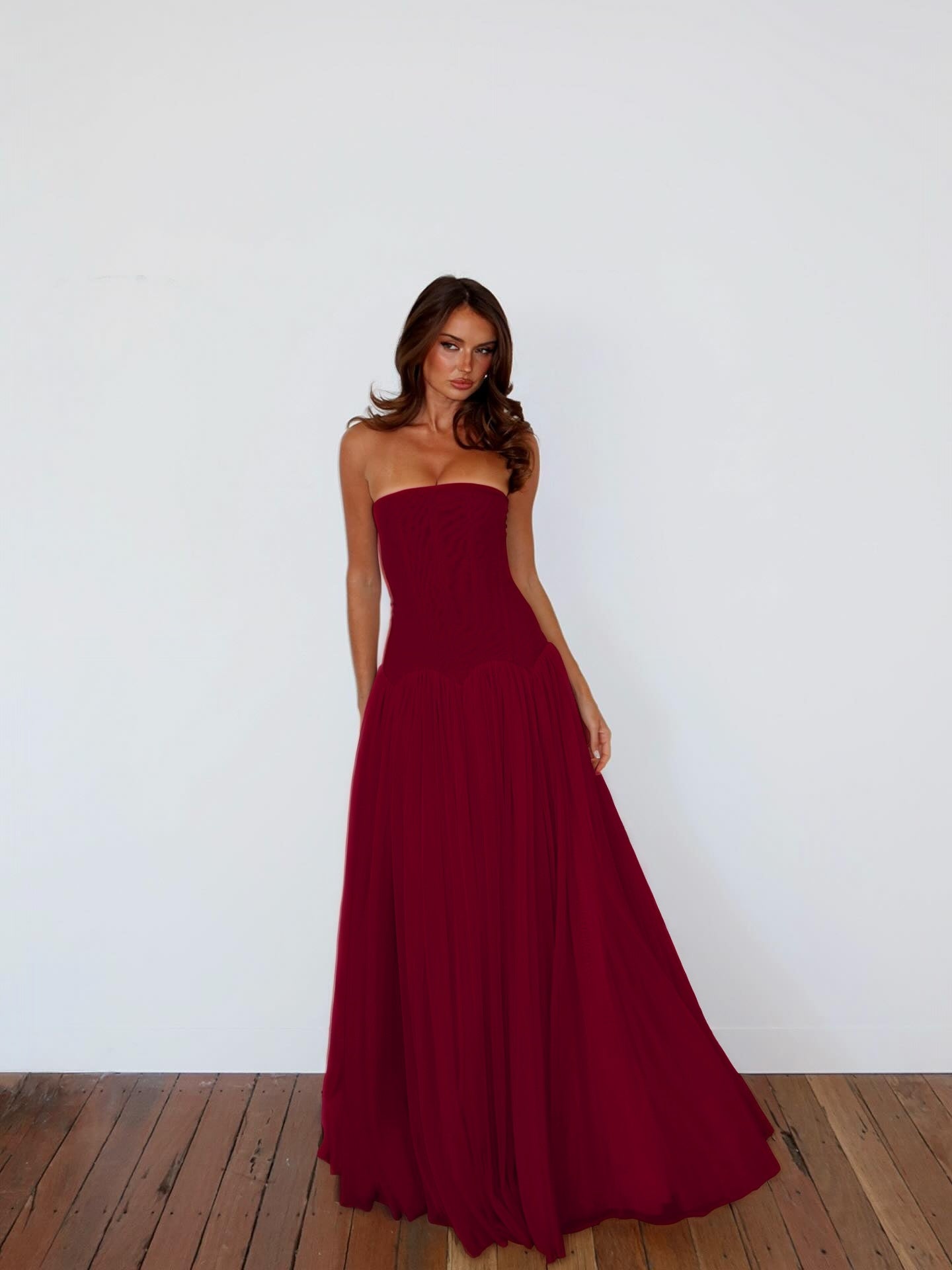 Charming Straight Across Sleeveless Pleated Tulle Evening Dress