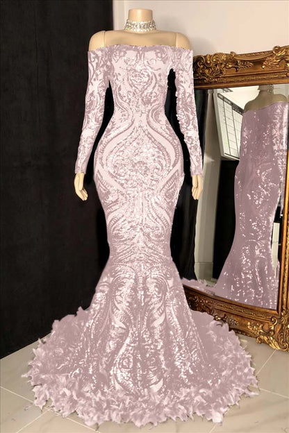 Long Sleeves Mermaid Prom Dress Sequins Burgundy With Feather