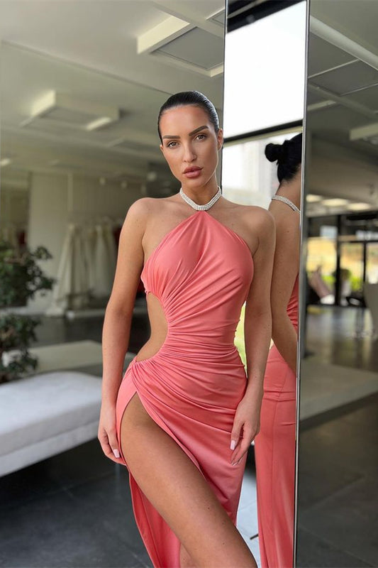 Halter Sleeveless Pink Mermaid Prom Dress Long Slit Online