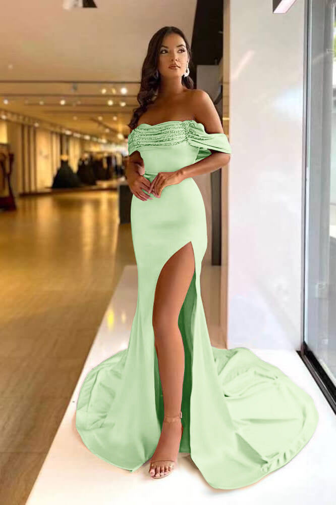 Pink Purple Off-The-Shoulder Mermaid Prom Dress Long Beads With Split