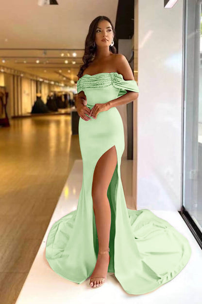 Pink Purple Off-The-Shoulder Mermaid Prom Dress Long Beads With Split