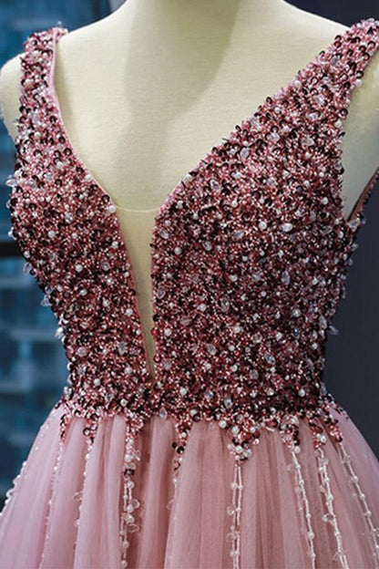 Pink V-Neck Mermaid Sleeveless Prom Dress With Beadings On Sale